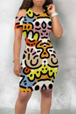 Casual Geometric Print Graffiti Print Contrast O Neck Printed Dresses