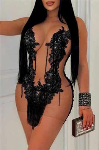 Sexy Hot Club Patchwork Fringed Trim See-Through O Neck Wrapped Skirt Dresses