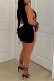 Sexy Hot Club Patchwork Fringed Trim See-Through O Neck Wrapped Skirt Dresses