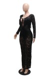 Sexy Solid Color Fringed Trim See-Through Belted V Neck Long Dresses