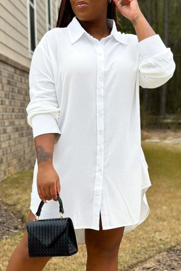 Casual Solid Color Slit Turndown Collar Shirt Plus Size Dresses