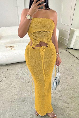 Sexy Solid Color Backless Belted Strapless Sleeveless Two Pieces