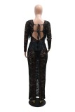 Sexy Solid Color Fringed Trim See-Through Belted V Neck Long Dresses