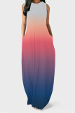 Casual Gradient Print Pocket Contrast O Neck Vest Dresses