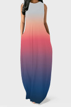 Casual Gradient Print Pocket Contrast O Neck Vest Dresses