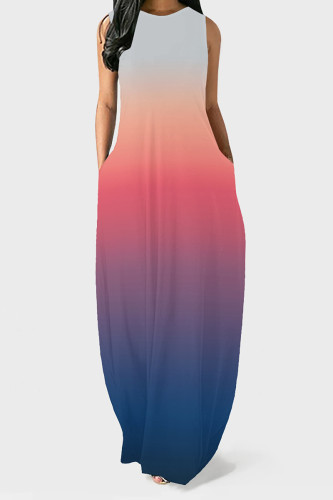 Casual Gradient Print Pocket Contrast O Neck Vest Dresses
