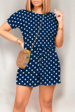 Casual Print Polka Dot Draw String Contrast O Neck Loose Rompers