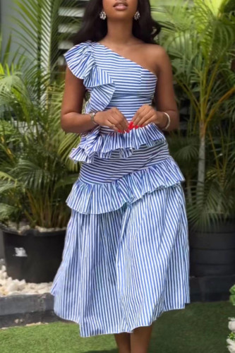 Casual Striped Print Patchwork Oblique Collar Sleeveless Dresses