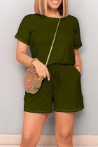 Casual Solid Color Draw String Pocket Patchwork O Neck Loose Rompers