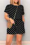 Casual Print Polka Dot Draw String Contrast O Neck Loose Rompers