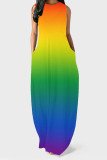 Casual Gradient Print Pocket Contrast O Neck Vest Dresses