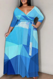 Elegant Print Patchwork Strap Design V Neck Long Plus Size Dresses