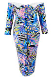 Celebrities Print Buckle Patchwork Backless Off Shoulder Long Plus Size Dresses