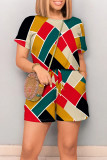 Casual Geometric Print Letter Print Pocket Contrast O Neck Loose Rompers