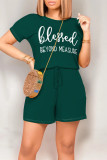 Casual Daily Letter Print Pocket Lace Up O Neck Loose Rompers
