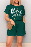 Casual Daily Letter Print Pocket Lace Up O Neck Loose Rompers