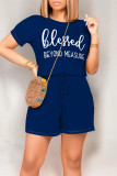 Casual Daily Letter Print Pocket Lace Up O Neck Loose Rompers