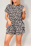 Casual Leopard Print Draw String Pocket O Neck Loose Rompers