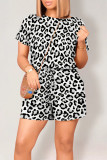 Casual Leopard Print Draw String Pocket O Neck Loose Rompers