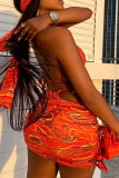 Sexy Print Hollow Out Draw String Patchwork Backless 4 Piece Sets