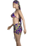 Sexy Print Hollow Out Draw String Patchwork Backless 4 Piece Sets