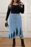 Street Solid Color Buttons Patchwork Zipper Ruffled Trim Wrapped Skirt Plus Size 