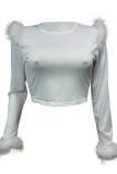 Street Solid Color Patchwork Feathers O Neck Tops