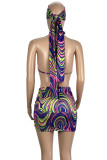Sexy Print Hollow Out Draw String Patchwork Backless 4 Piece Sets