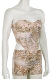 Sexy Print Patchwork Backless Strapless Sleeveless Two Pieces