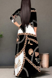 Elegant National Totem Chain print Lace Up Contrast V Neck Printed Dresses