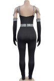Elegant Patchwork Backless Hot Drill Square Neck Skinny Jumpsuits