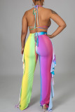 Street Gradient Color Patchwork Backless Strap Design Ruffled Trim Spaghetti Strap Three Pieces