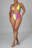 Street Gradient Color Patchwork Backless Strap Design Ruffled Trim Spaghetti Strap Three Pieces