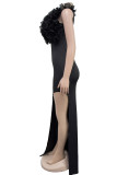 Elegant Solid Color Patchwork High Slit Ruffled Trim V Neck Long Dresses