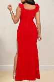 Elegant Solid Color Patchwork High Slit Ruffled Trim V Neck Long Dresses