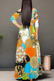 Elegant National Totem Chain print Lace Up Contrast V Neck Printed Dresses