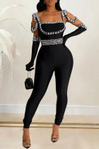 Elegant Patchwork Backless Hot Drill Square Neck Skinny Jumpsuits