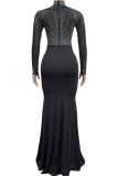 Elegant Solid Color Patchwork High Slit Hot Drill O Neck Long Dresses
