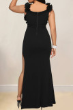 Elegant Solid Color Patchwork High Slit Ruffled Trim V Neck Long Dresses