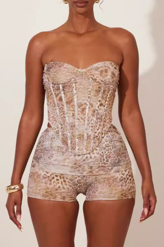 Sexy Print Patchwork Backless Strapless Sleeveless Two Pieces
