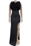 Elegant Solid Color Patchwork High Slit Ruffled Trim V Neck Long Dresses