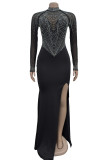 Elegant Solid Color Patchwork High Slit Hot Drill O Neck Long Dresses