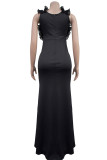 Elegant Solid Color Patchwork High Slit Ruffled Trim V Neck Long Dresses
