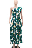 Elegant Print Patchwork Ruffled Trim Oblique Collar Long Dresses