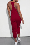 Casual Solid Color Pocket V Neck Loose Jumpsuits