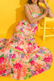 Elegant Print Patchwork Backless Square Neck Long Dresses