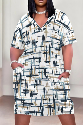 Casual Print Pocket Patchwork V Neck Straight Plus Size Dresses