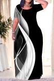 Casual Geometric Print Leopard Print Pocket Contrast O Neck Printed Plus Size Dresses