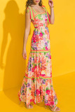 Elegant Print Patchwork Backless Square Neck Long Dresses