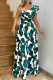 Elegant Print Patchwork Ruffled Trim Oblique Collar Long Dresses